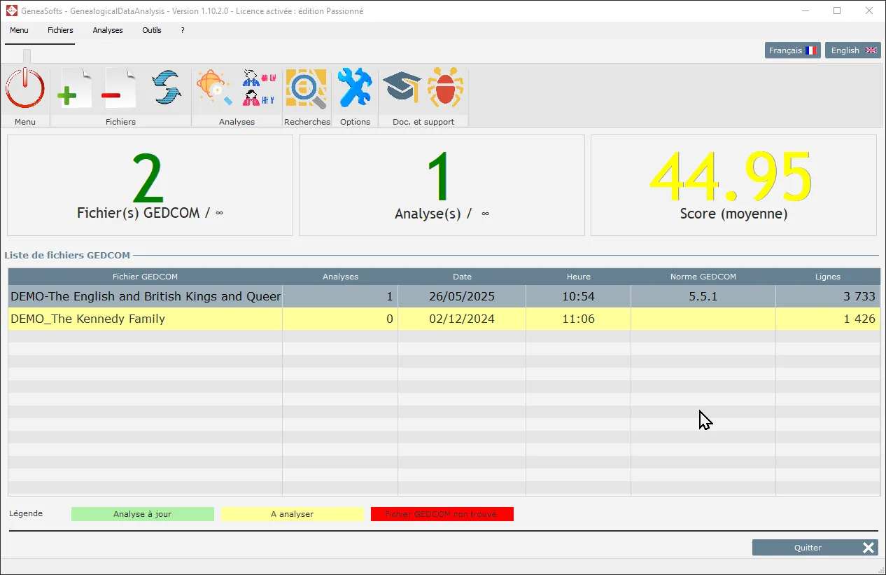 Genealogical Data Analysis - Fenêtre principale