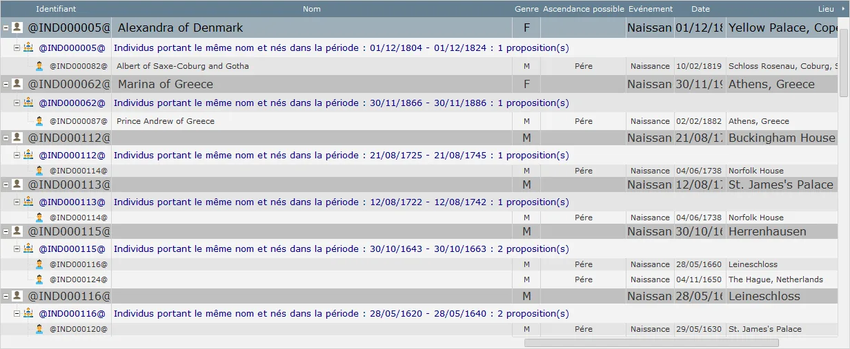 Genealogical Data - Fenêtre de recherche des ascendants - Exemple