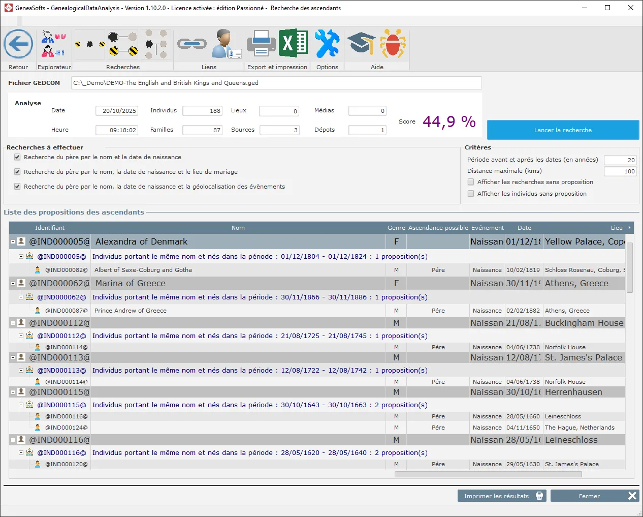 Genealogical Data - Fenêtre de recherche des ascendants