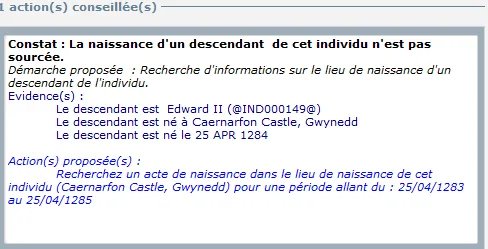 Genealogical Data Analysis - Fenêtre de l'assistant de recherche - Action(s) proposée(s)