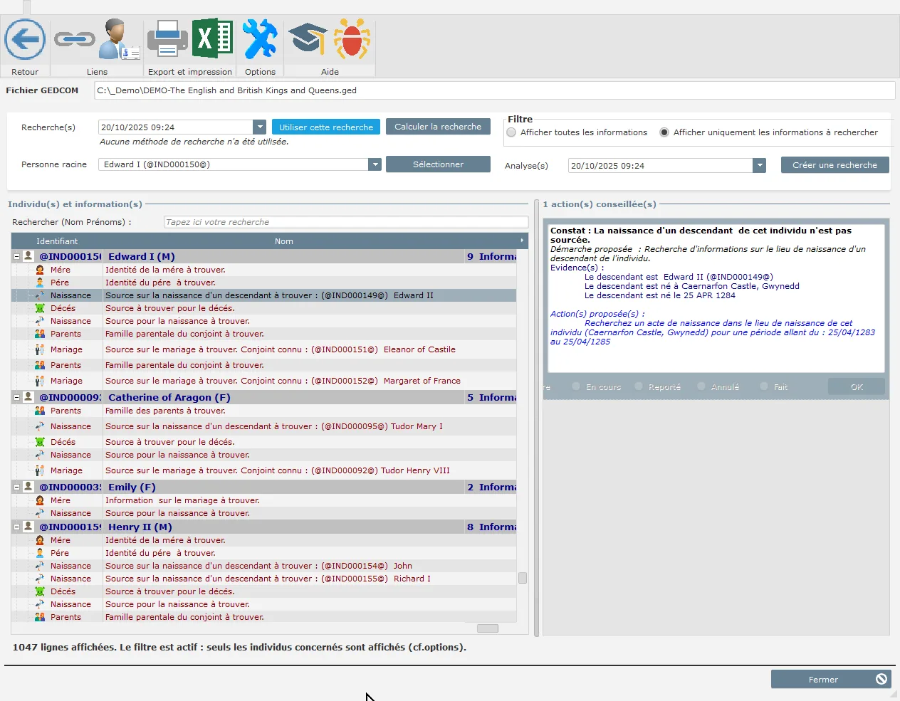 Genealogical Data Analysis - Fenêtre de l'assistant de recherche