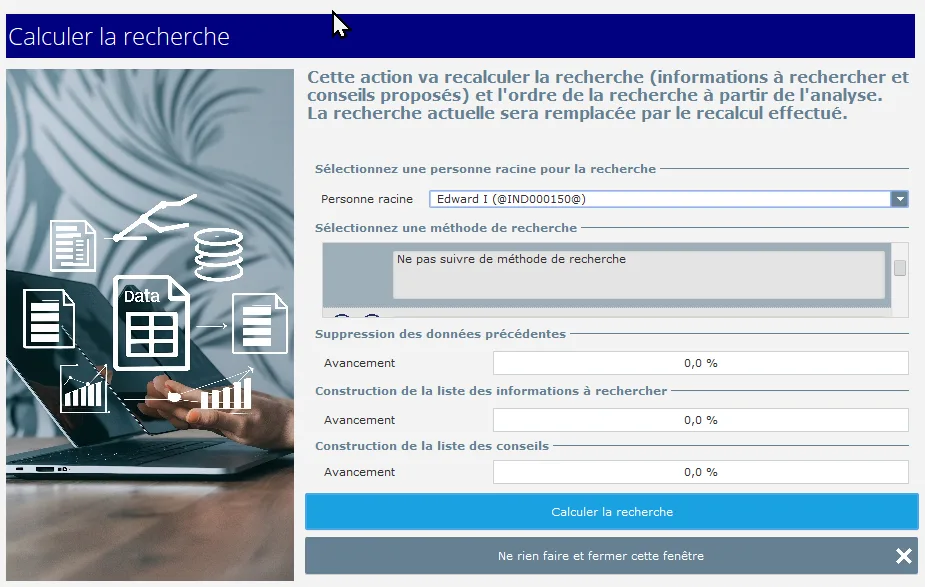 Genealogical Data Analysis - Assistant de recherche - Fenêtre de calcul de la recherche
