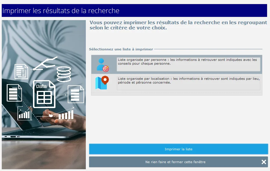 Genealogical Data Analysis - Fenêtre de calcul de la recherche - Impression des résultats