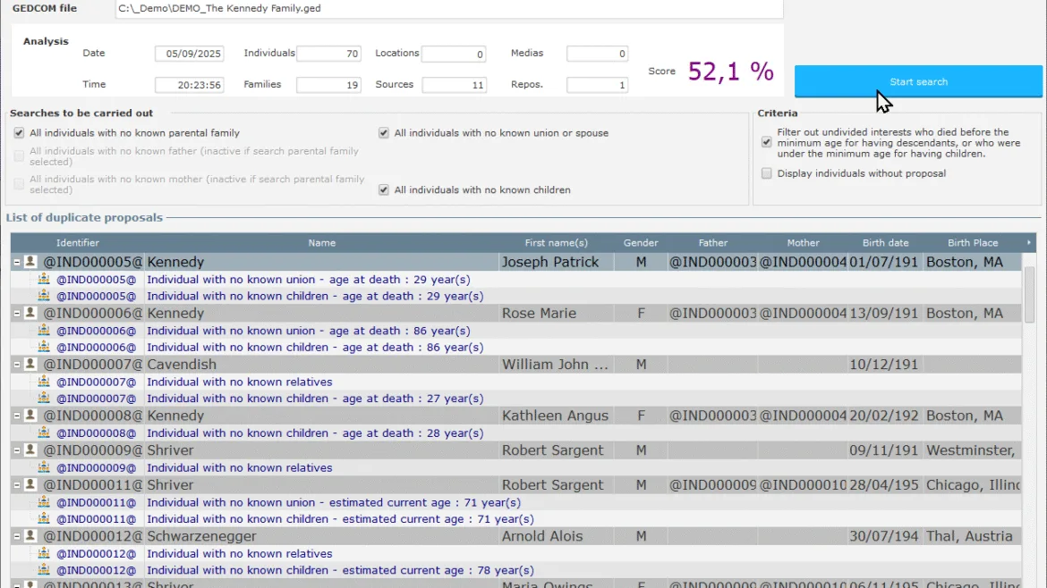 GenealogicalDataAnalysis – Search for isolated individuals