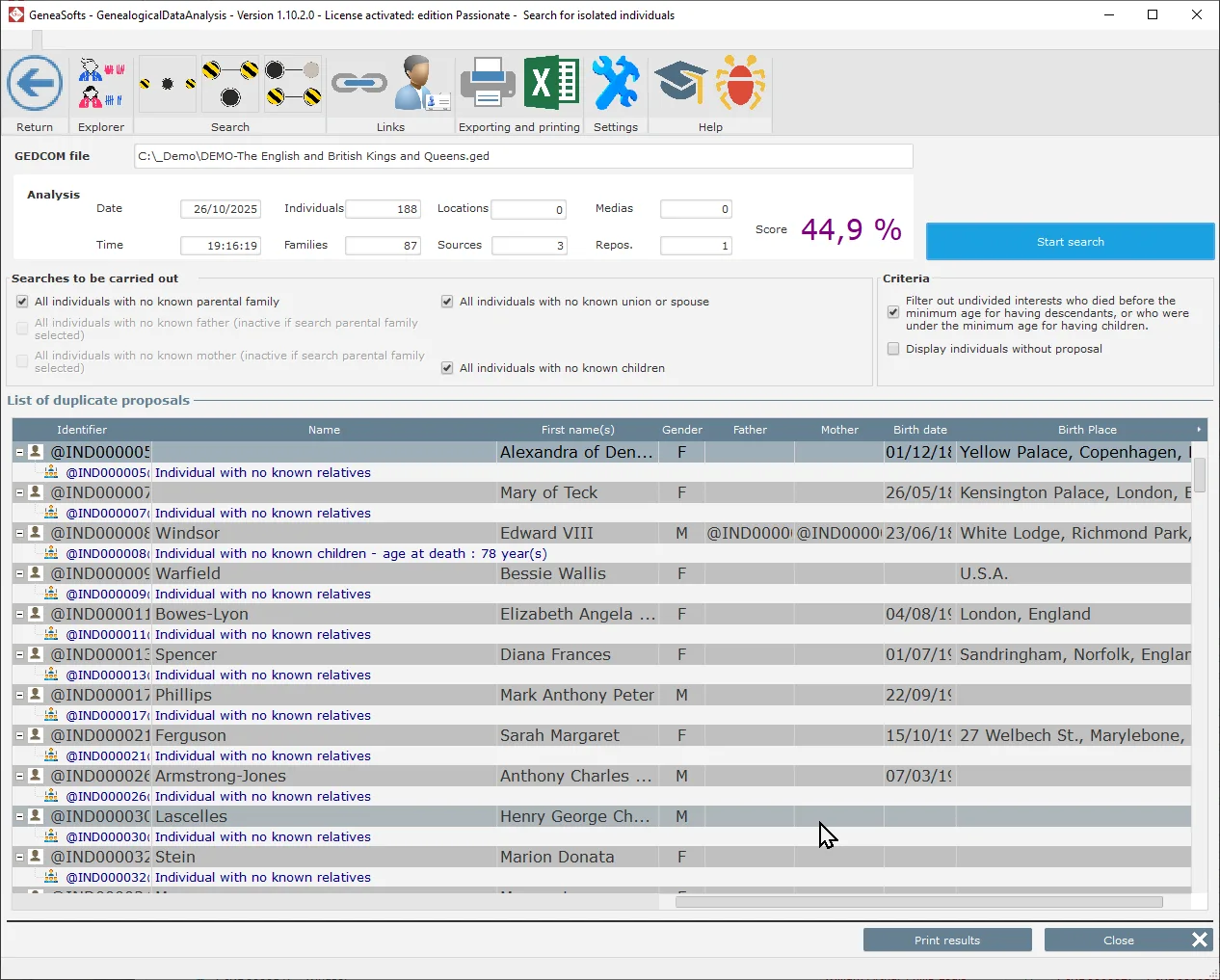 Genealogical Data Analysis - Isolated individuals search window