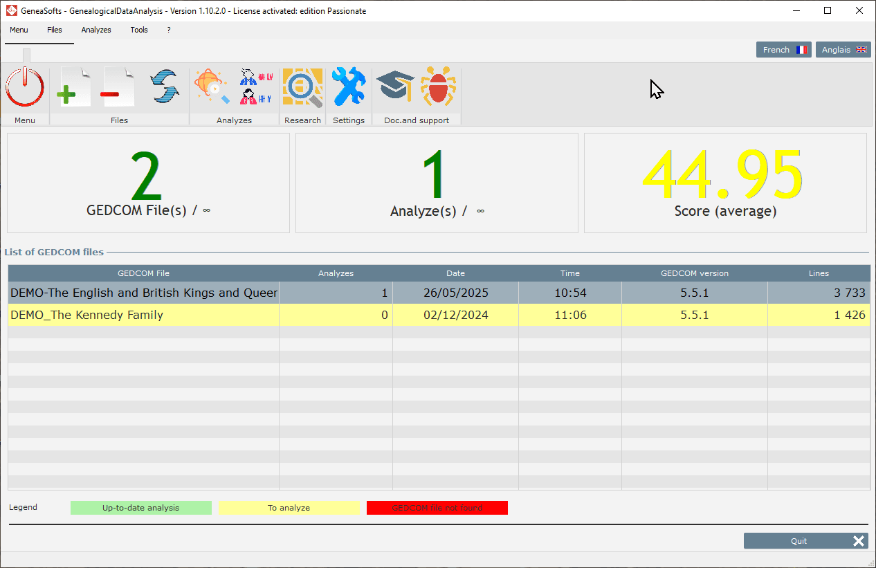 Genealogical Data Analysis – Main window