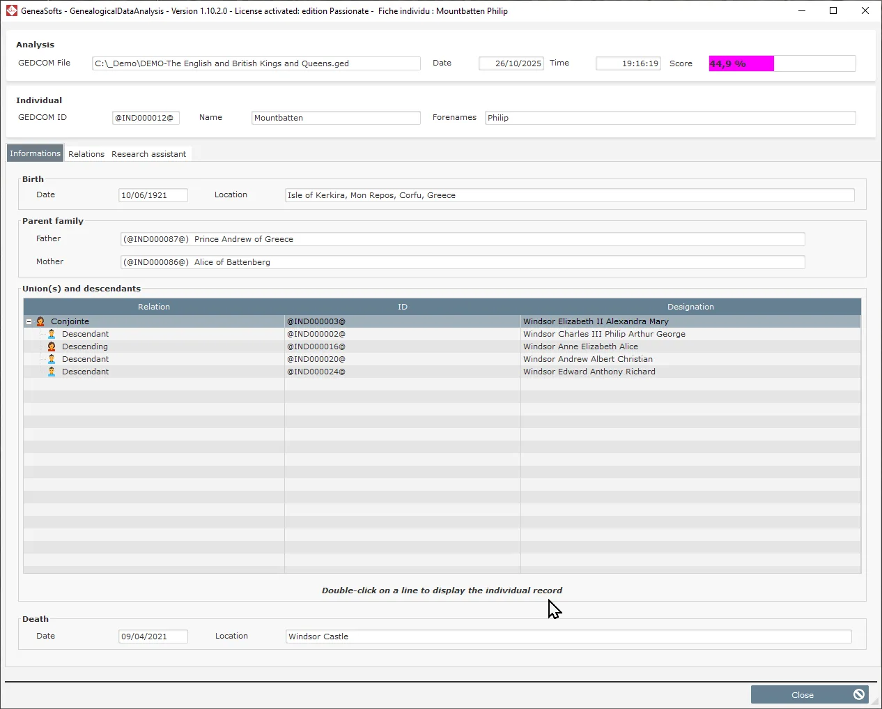 Genealogical Data Analysis - Individual form - Informations view
