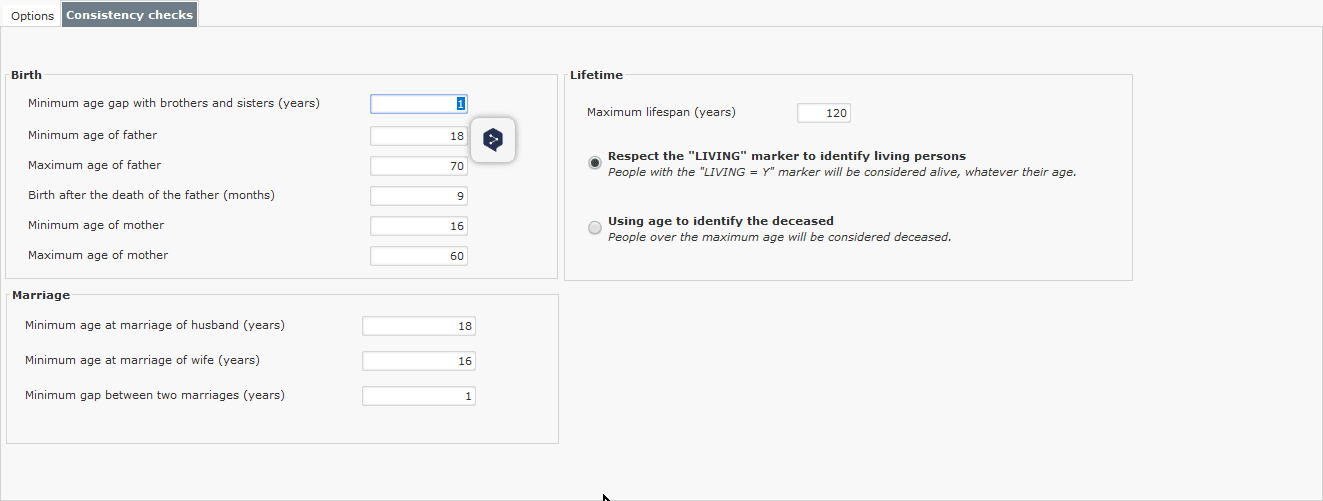 Genealogical Data Analysis – Options – Analyses - Consistency checks