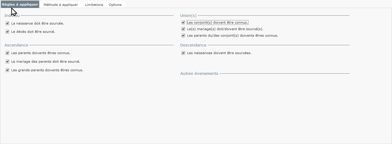 Genealogical Data Analysis – Options - Assistant de recherche - Régles