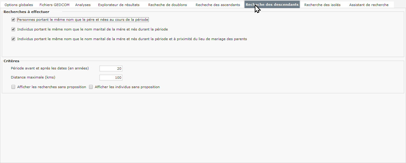 Genealogical Data Analysis – Options - Recherche des descendants