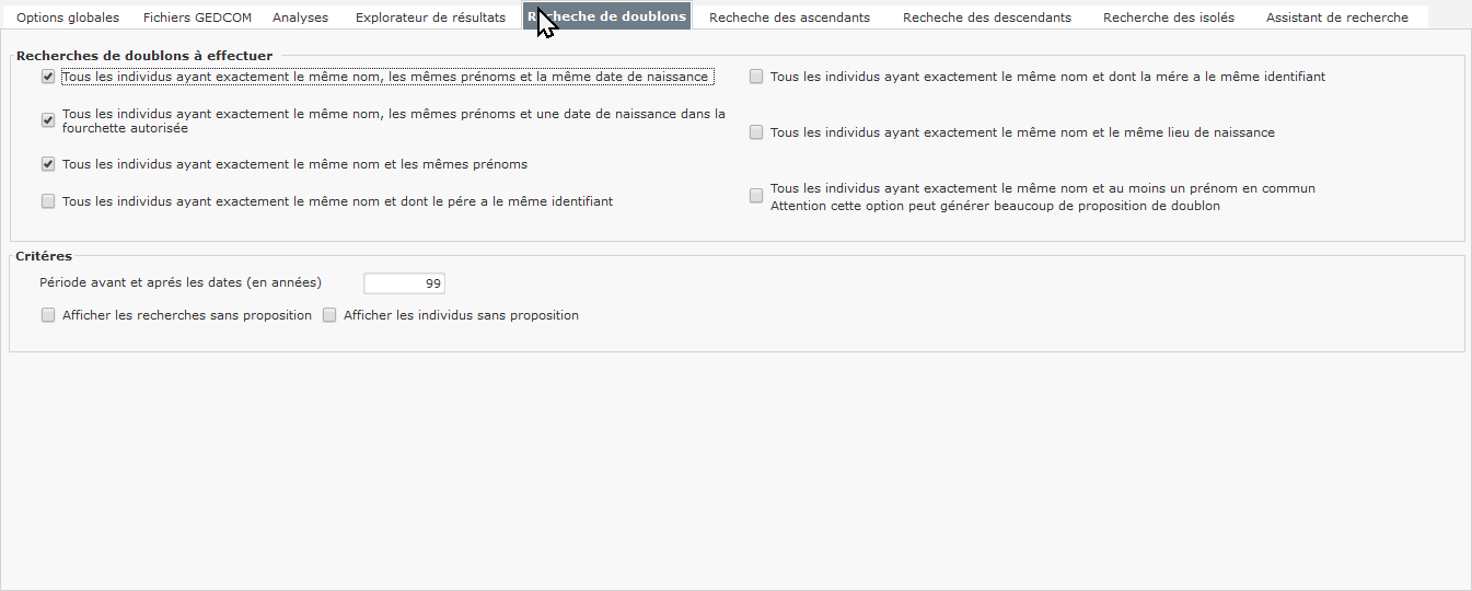 Genealogical Data Analysis – Options - Recherche des doublons