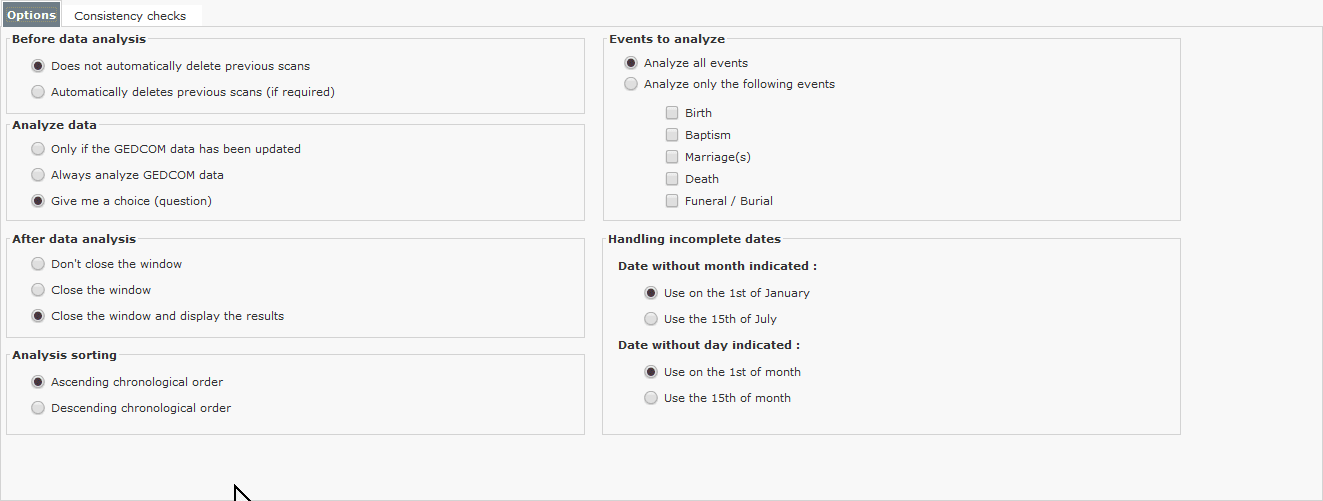 Genealogical Data Analysis – Options – Analyses - Options