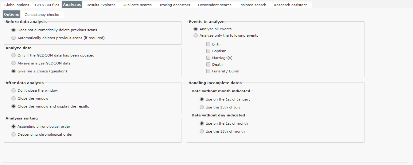 Genealogical Data Analysis – Options – Analyses