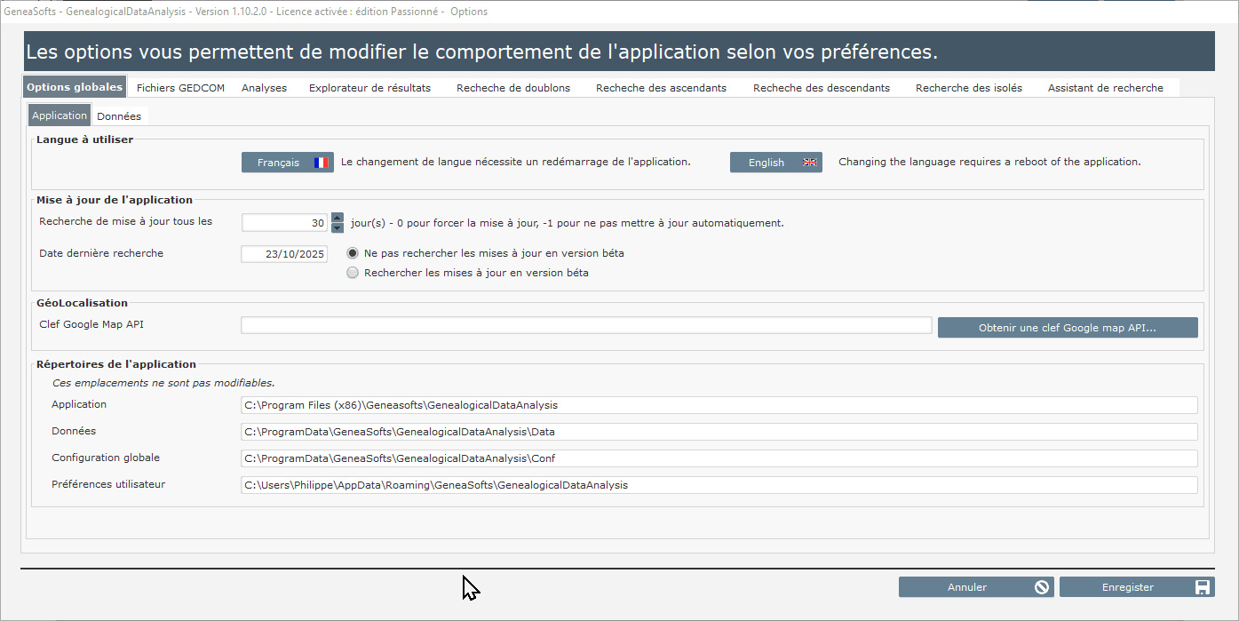 Genealogical Data Analysis – Options - Options globales
