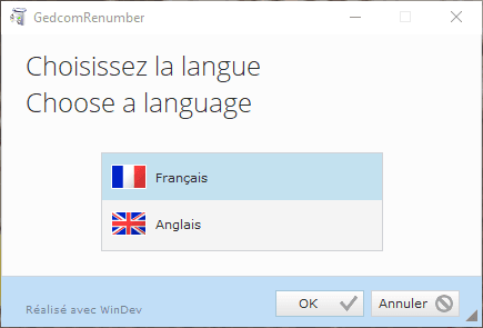 GEDCOM Renumber - Installation - Choix de la langue
