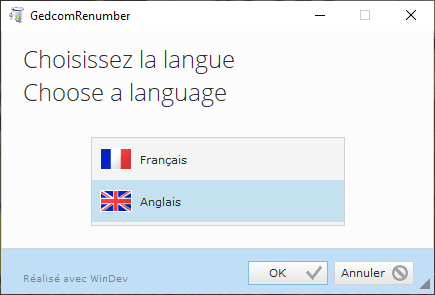 GEDCOM Renumber - Installation - Language selection