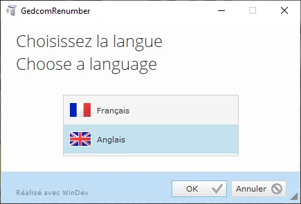 GEDCOM Renumber - Installation - Language selection