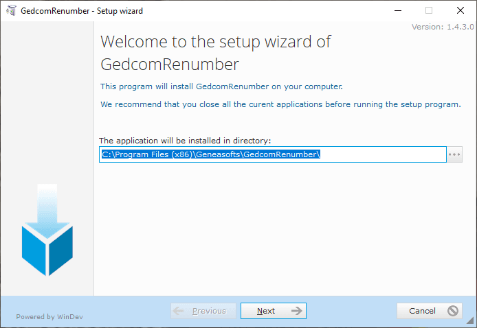 GEDCOM Renumber - Installation - Choosing the installation directory